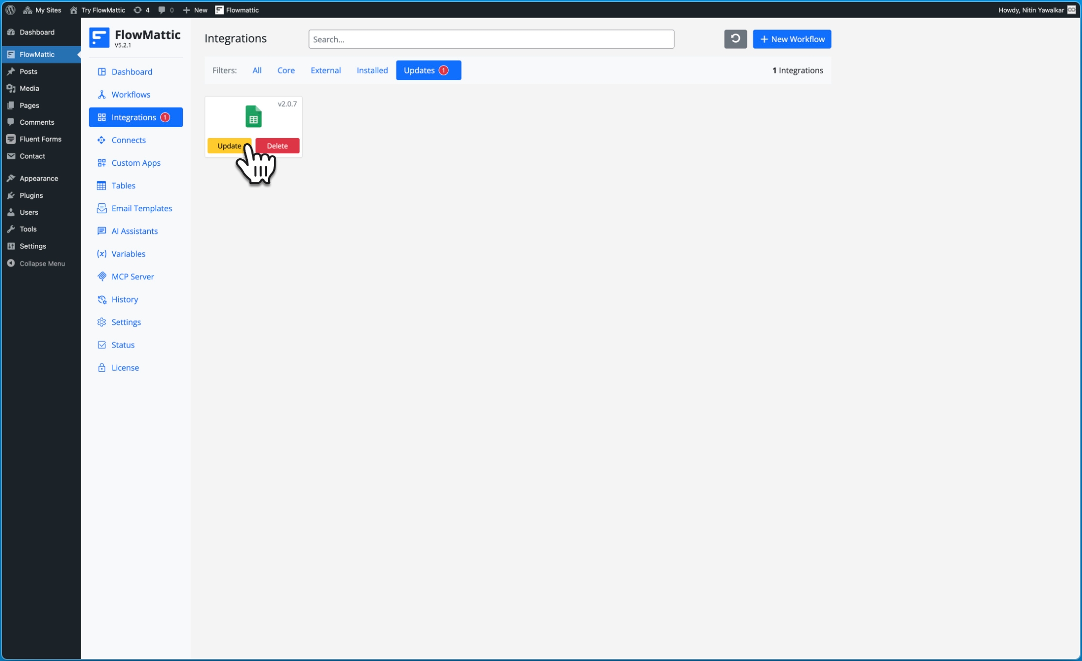 Hover your mouse on the integration you want to update, and then click the <b>Update</b> button to update the integration to the latest version.