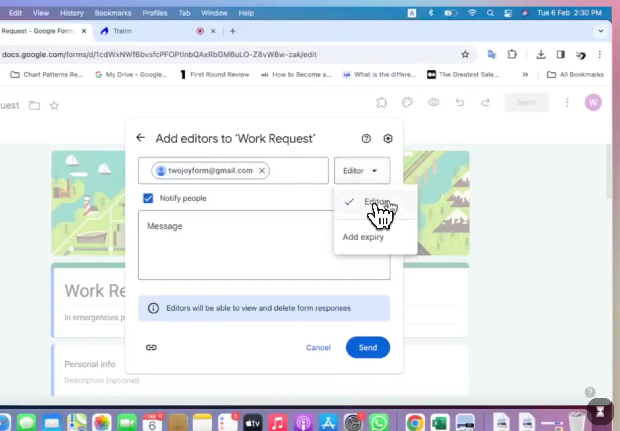 Please check that the second account is an Editor of the form