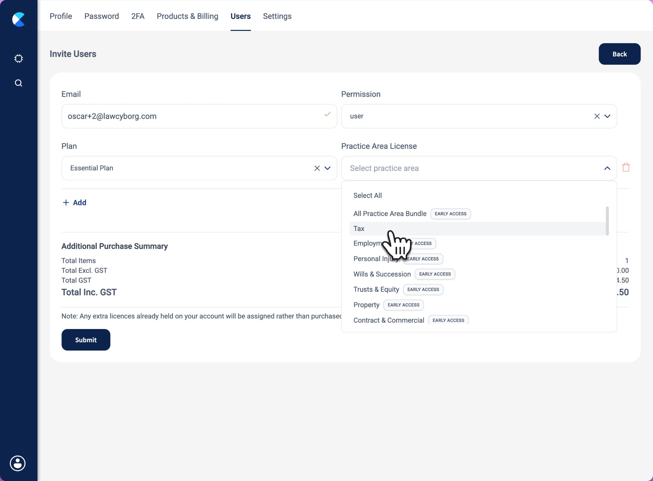Click to assign the specific Practice Area licenses you want the user to have access to