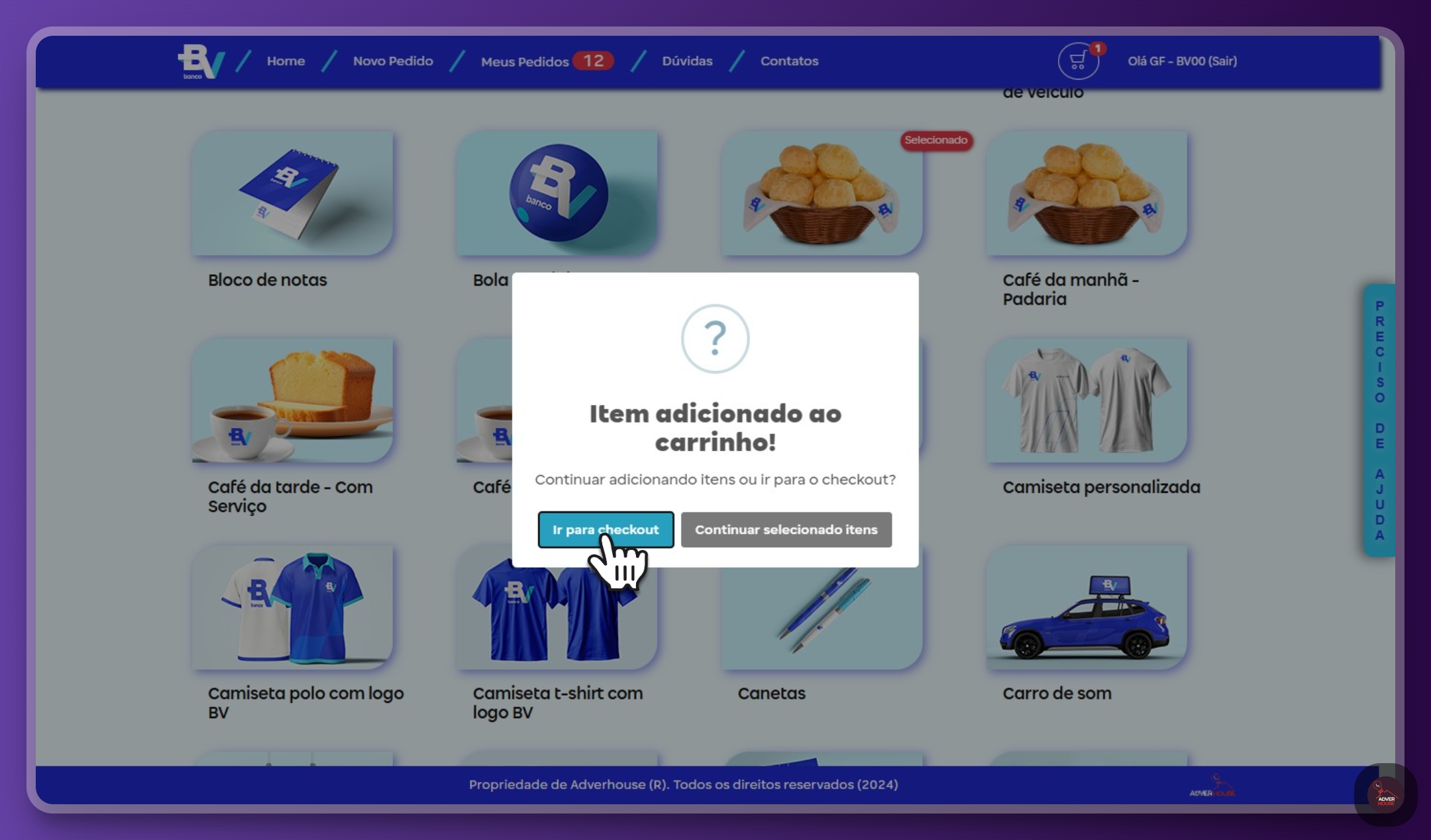 Depois de escolher os itens, clique em <b>"Ir para checkout" </b>para finalizar o pedido.