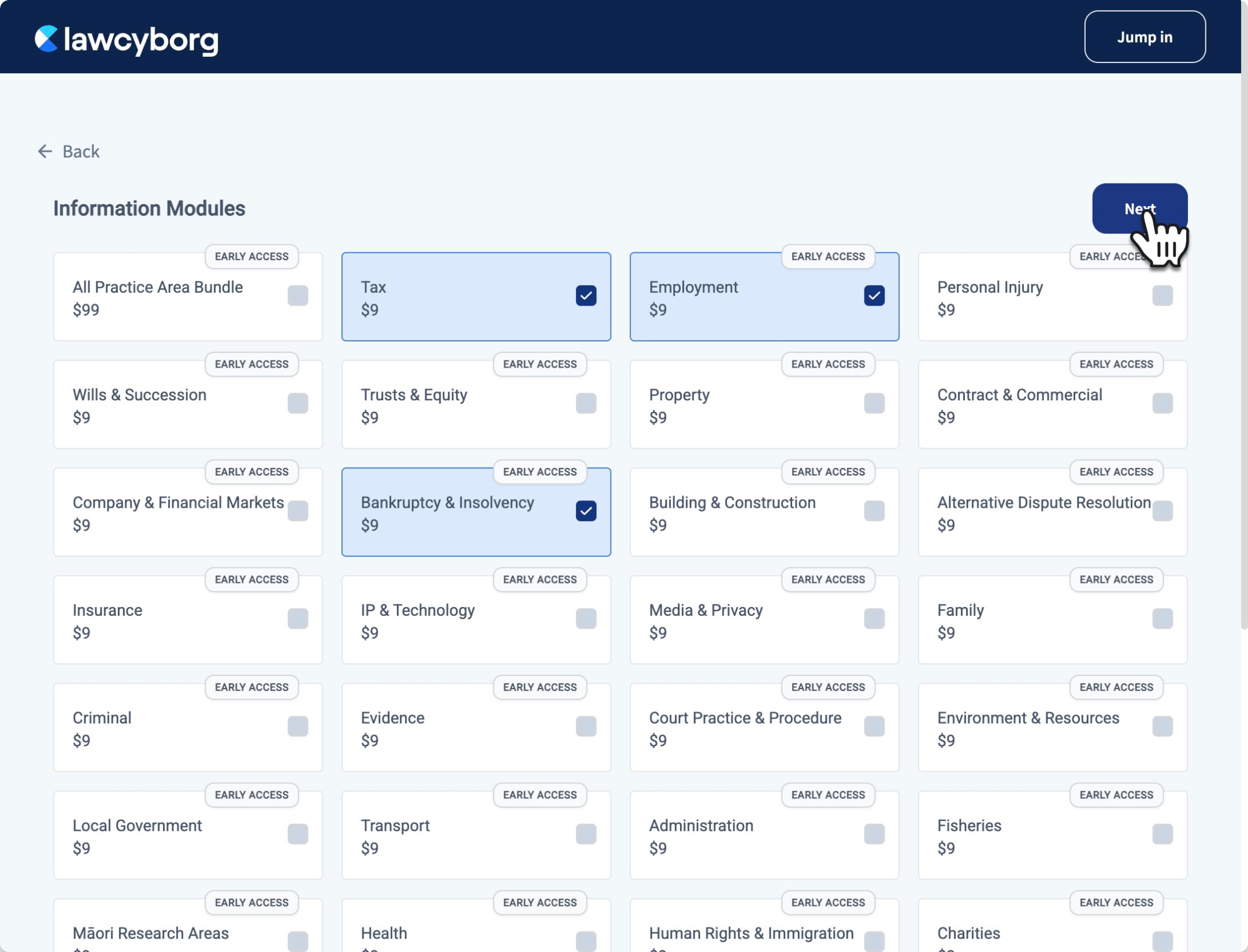 After selecting your desired practice areas, click&nbsp;<b>Next</b>