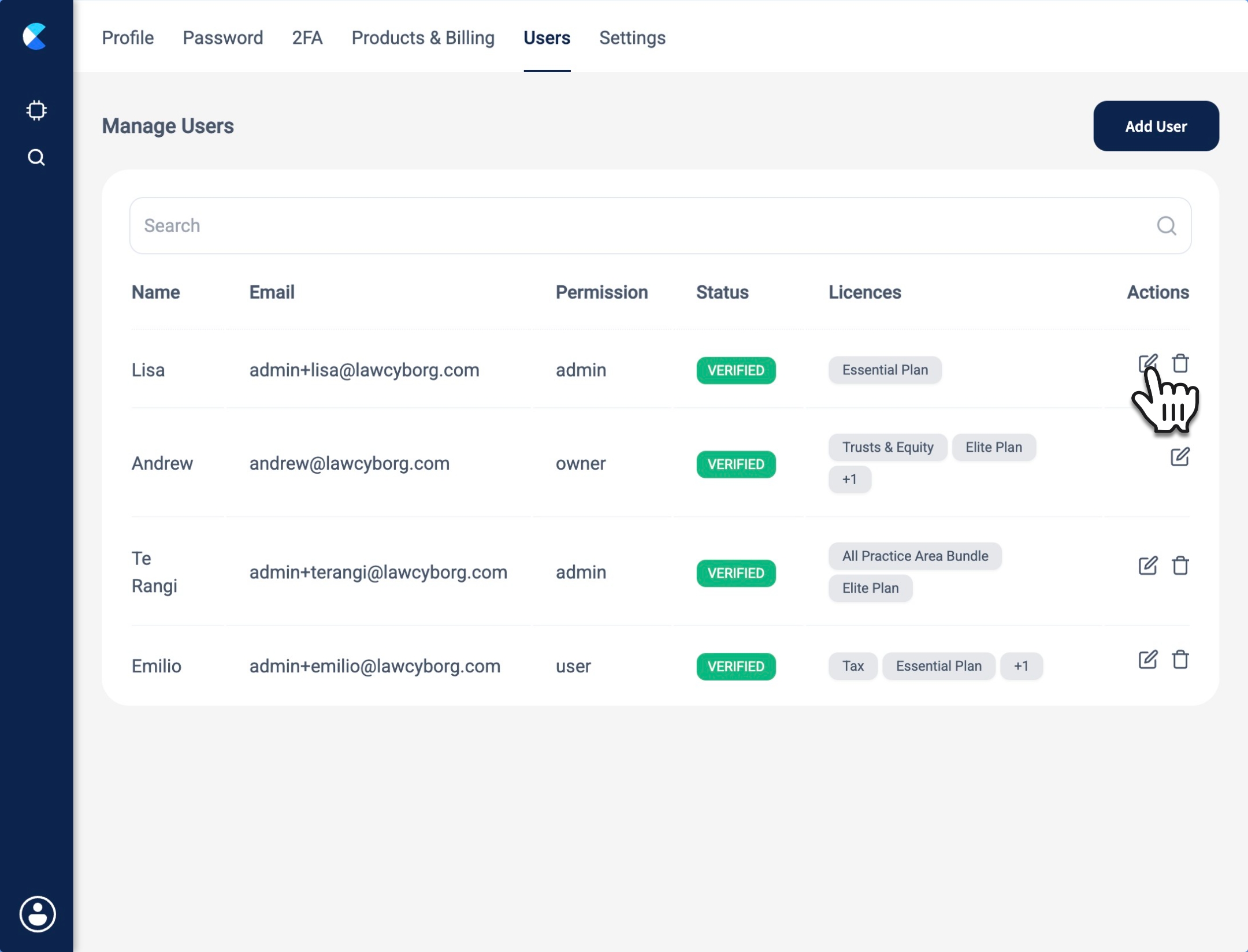 Click the <b>edit button </b>beside an account to manage their licences
