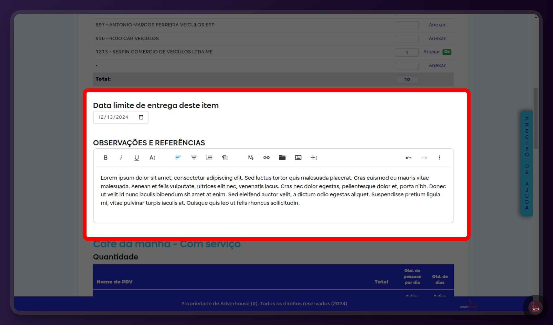 Role a página para baixo para continuar preenchendo as outras informações do briefing do pedido.