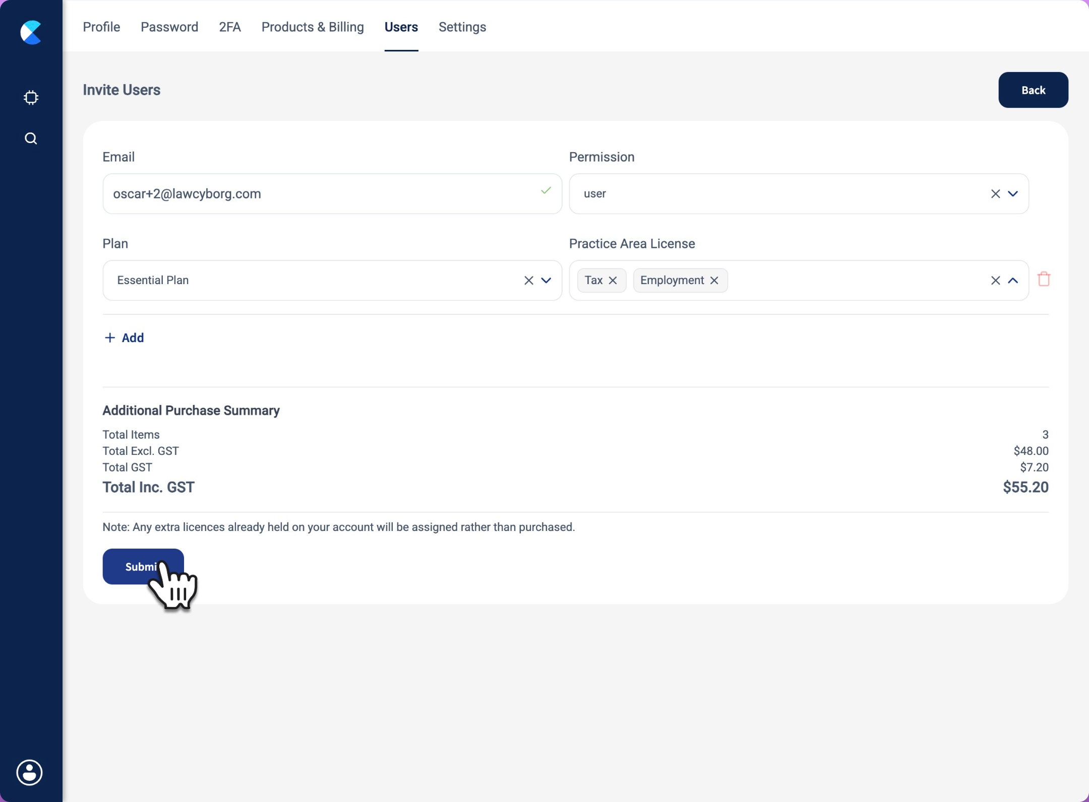 Click <b>Submit</b>&nbsp;once finished to complete the process and invite the new user via email, which will prompt them to create a Law Cyborg account and choose a password.&nbsp;